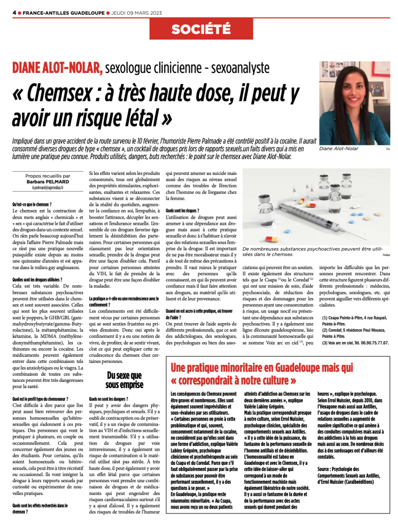 FRANCE ANTILLES: ARTICLE SUR LA PRATIQUE DU "CHEMSEX"